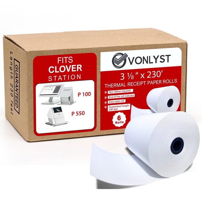Vonlyst Thermal Receipt Paper Rolls 3 1/8" x 230' for Clover Station (06 rolls) - Image 1